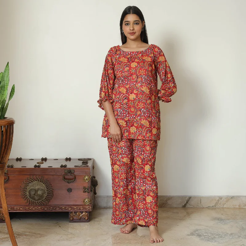 Red - Sanganeri Block Printed Cotton Night Suit Set 17