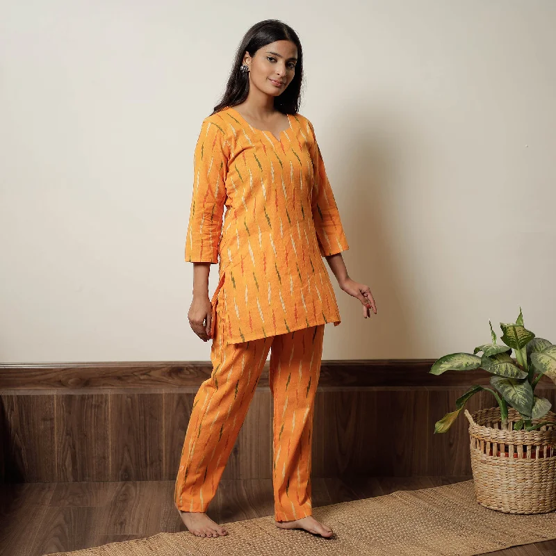 Orange - Pochampally Ikat Cotton Top & Pyjama Night Suit Set 05