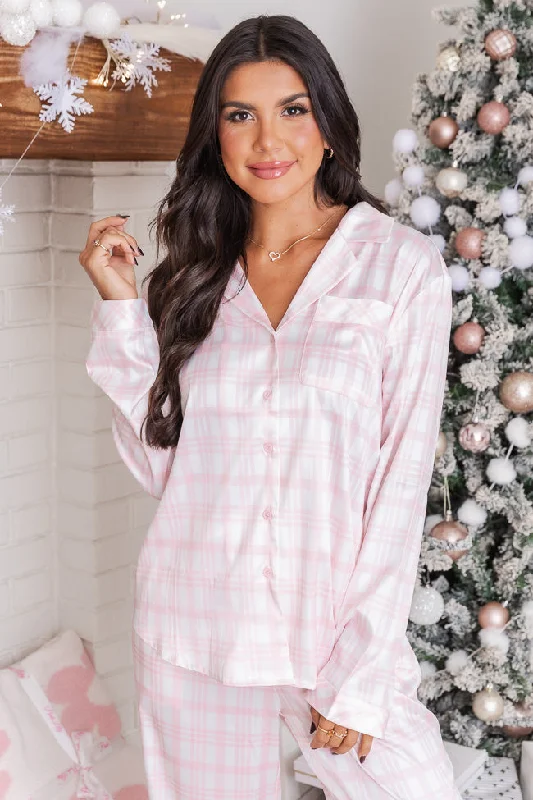 Best Wishes Pink Plaid Satin Pajama Top