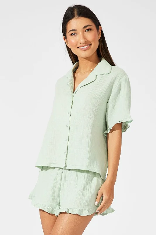 Green Ruffle PJ Button Through Textured Pyjama Set