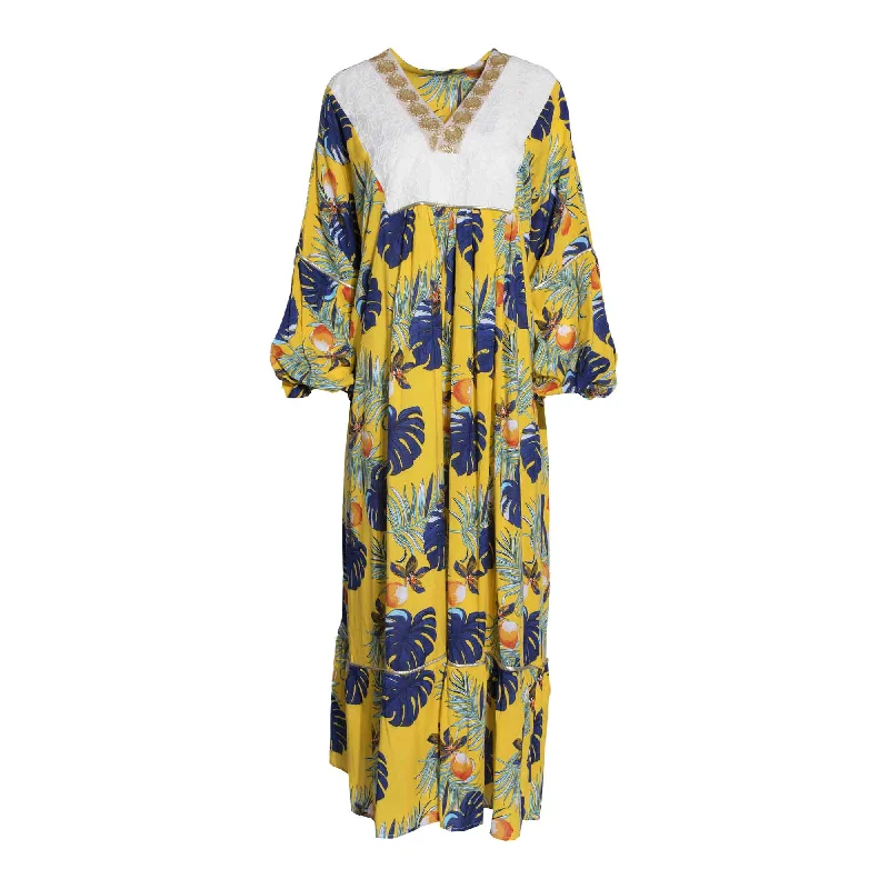 Fahm Women's Yellow Floral Dress, Free Size