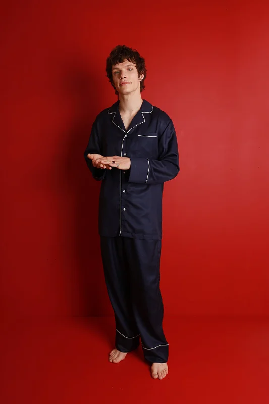 Men's Mulberry Silk Pyjamas - Midnight Navy with Ivory Piping