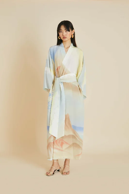 Queenie Ecliptic Blue Landscape Robe in Silk Crêpe de Chine