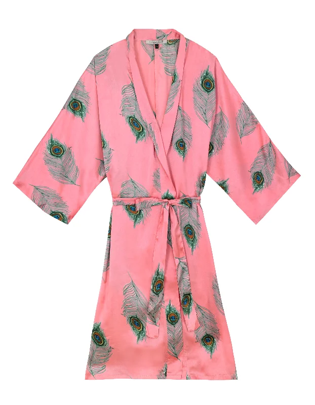 Womens Satin  Kimono Robe Warm Pink Peacock Feather