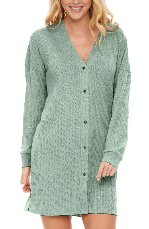 Women's Long Sleeve Knit Nightshirt, Button Up V-neck Sleepshirt, Pajama Top