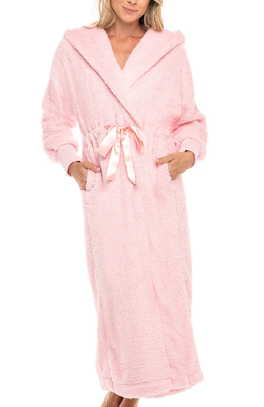 Women's Plush Fleece Robe with Hood, Long Warm Hooded Bathrobe