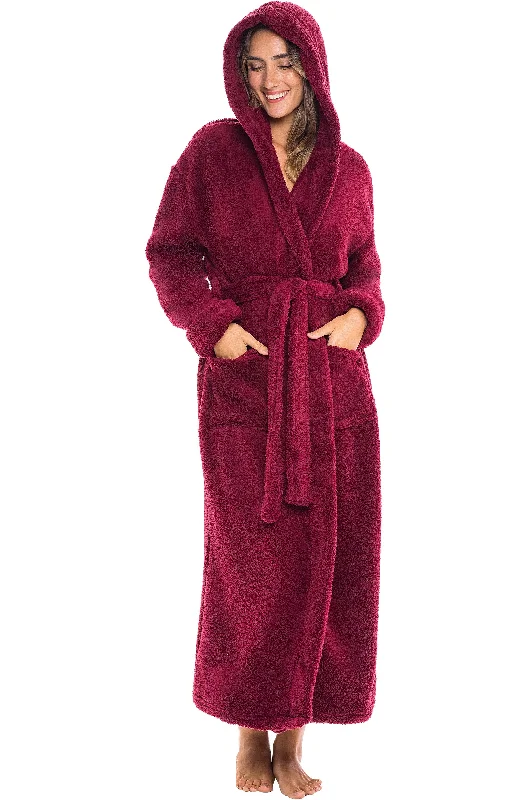 Women's Plush Fleece Hooded Robe, Shaggy Feather Long Bathrobe