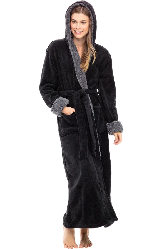 Women's Warm Fleece Sherpa Robe with Hood, Long Plush Hoodie Sherpa Bathrobe