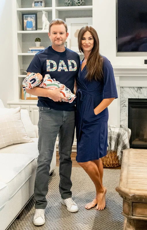 Navy Pregnancy Robe & Rainbow Swaddle & Dad T Shirt